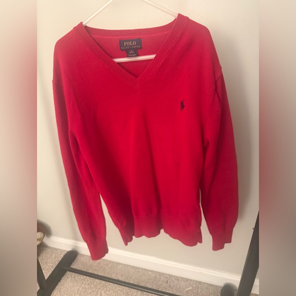 Polo Ralph Lauren Sweater Boys Red M 10/12 Cotton Vneck w elbow pads